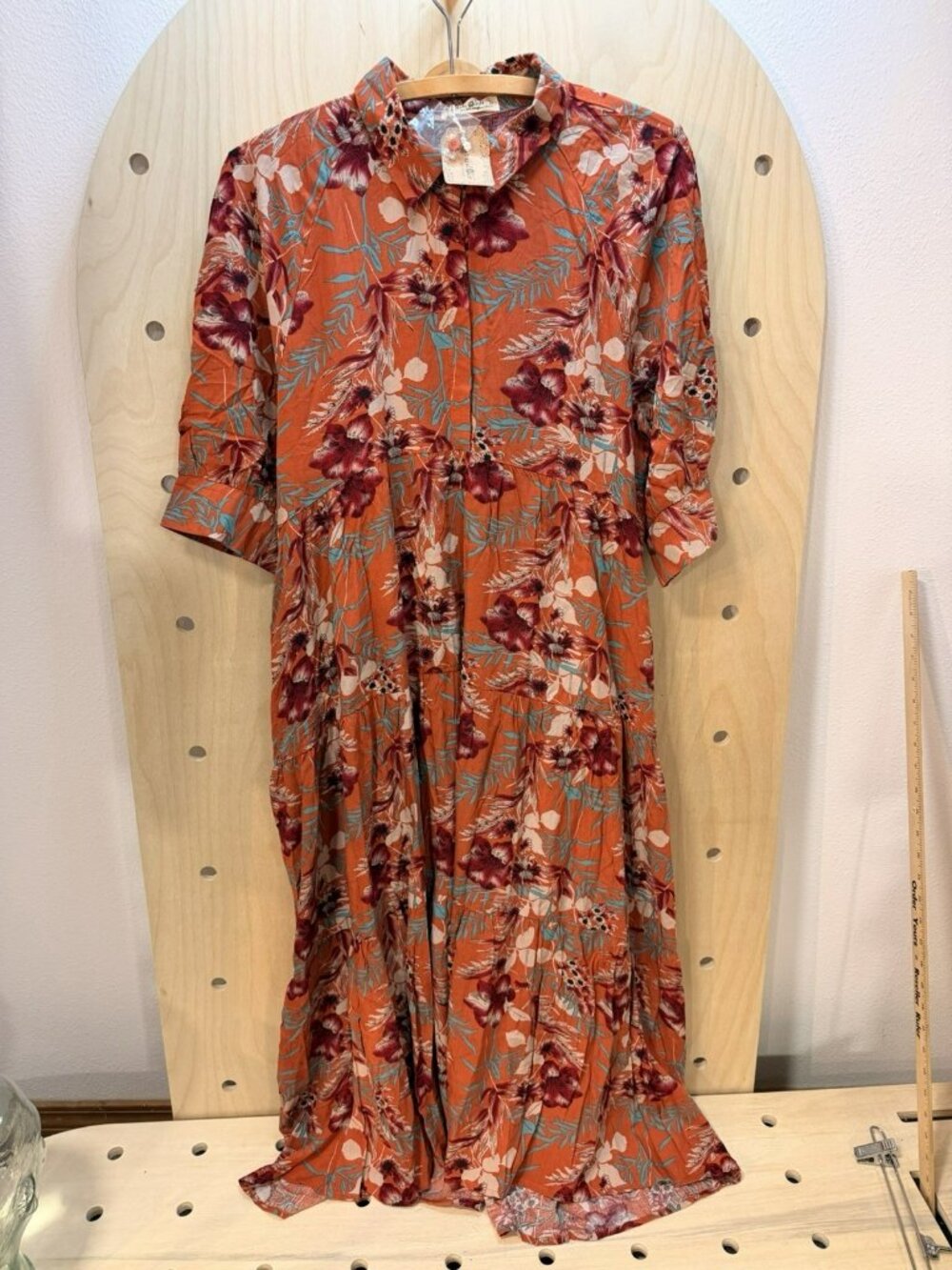 NWT Natural Life Floral Tiered Midi Dress Button Front Boho Women's Large Orange - Picture 3 of 7
